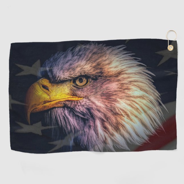 Serviette De Golf Aigle à tête blanche américaine avec drapeau (Horizontal)