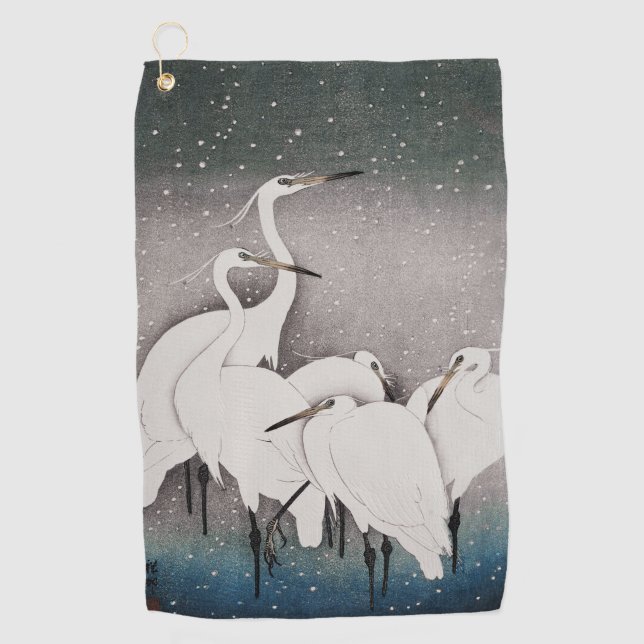 Serviette De Golf Aigrettes japonaises Grues Koson Neige d'hiver (Devant)