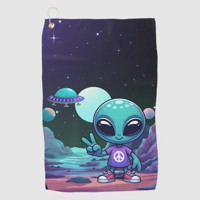 Serviette De Golf Alien de paix mignon et vaisseau spatial (Devant)