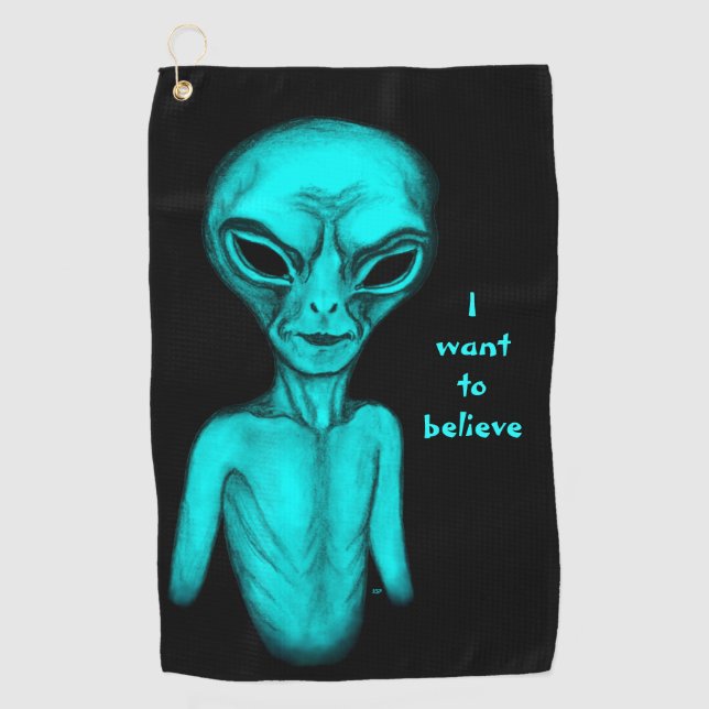 Serviette De Golf Alien gris, je veux croire (Devant)
