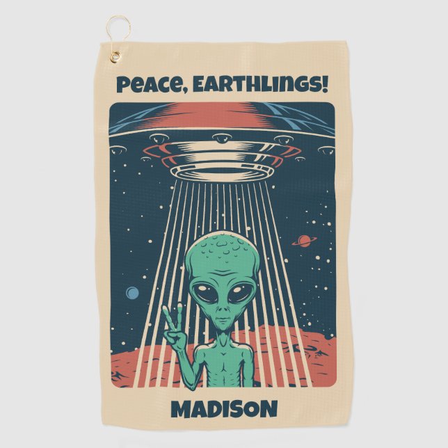 Serviette De Golf Alien UFO de texte personnalisé (Devant)