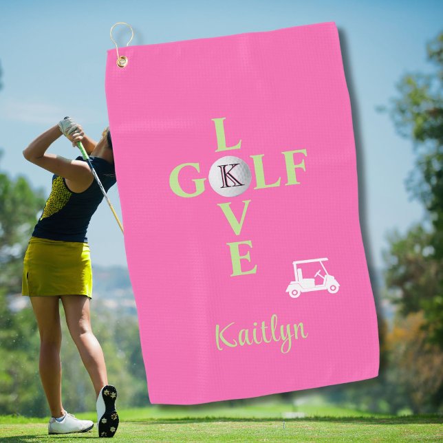 Serviette De Golf Amour de golf en rose chaud Monogramme Nom (Créateur téléchargé)