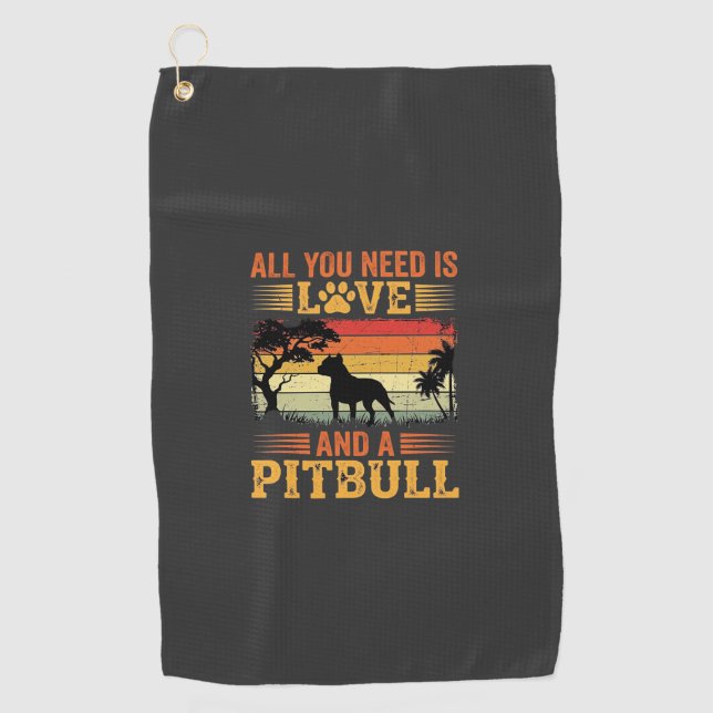 Serviette De Golf Amour de Pitbull Coucher de Soleil Rétro Chien (Devant)