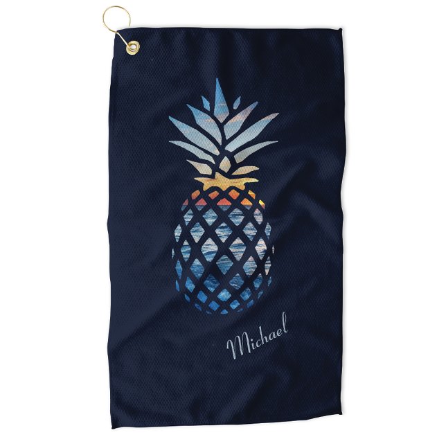 Serviette De Golf Ananas Sunset Beach Custom (Tropical Pineapple Navy Blue Personalized Golf Towel)