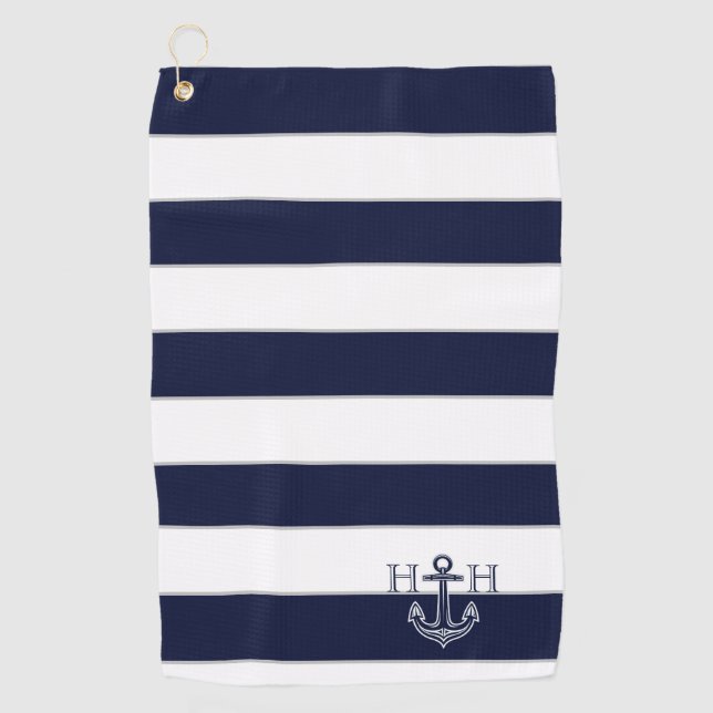 Serviette De Golf Ancre bleue marine Nom du monogramme côtier (Devant)
