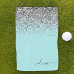 Serviette De Golf Aqua bleu Turquoise Parties scintillant argent Mon<br><div class="desc">Aqua Blue Turquoise et Silver Éperche Parties scintillant brossé métal Monogramme Nom serviette de golf. Cela rend le cadeau parfait pour 16 ans,  mariage,  douche nuptiale,  anniversaire,  baby shower ou bachelorette pour quelqu'un qui aime le luxe glam et les styles chic.</div>
