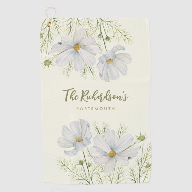Serviette De Golf Aquarelle Blanc Cosmos Fleurs Peinture Botanique (Devant)