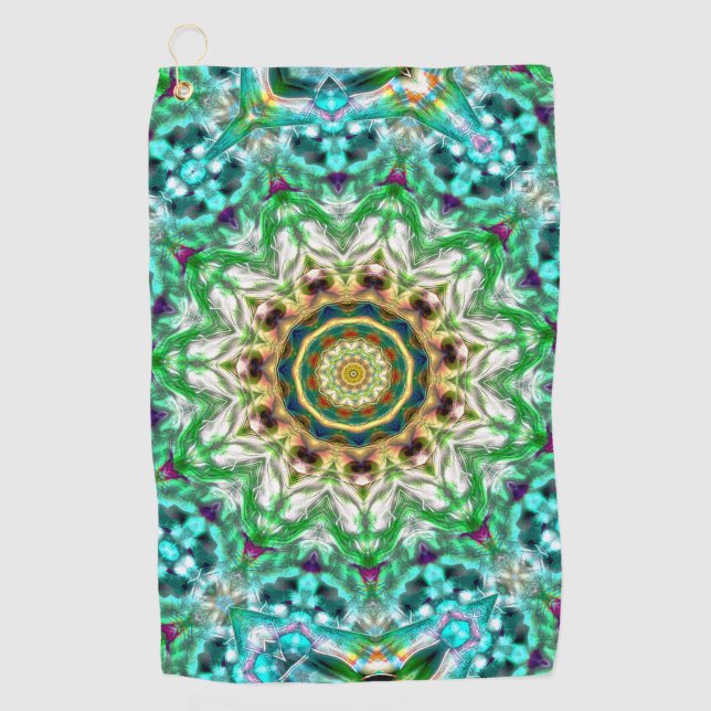 Serviette De Golf Aquarelle brute bleu et vert texture mandala (Devant)