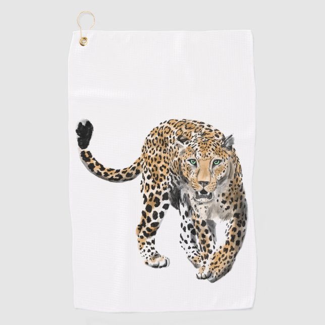 Serviette De Golf aquarelle léopard jungle chat animal peint vert (Devant)