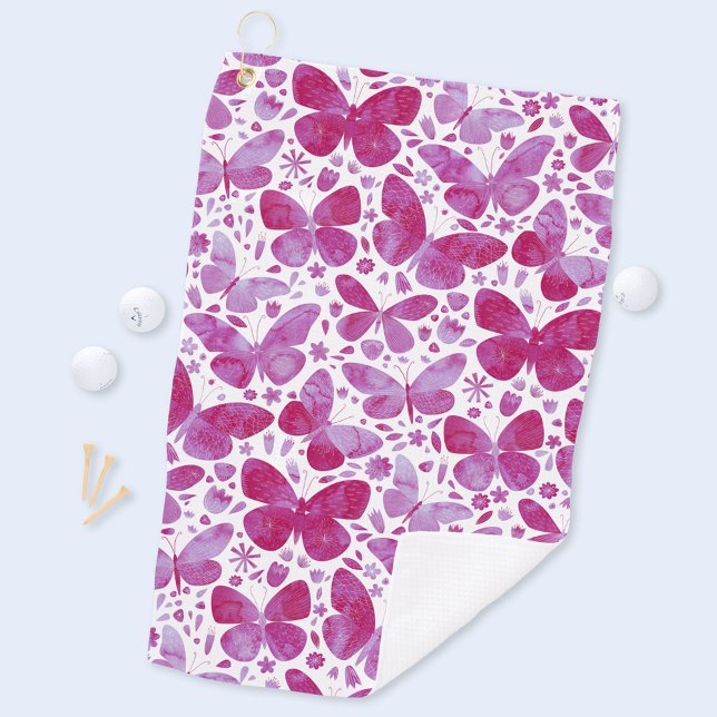 Serviette De Golf Aquarelle papillon Magenta Hot Pink (Hot magenta pink and white watercolor butterfly pattern art golf towel)