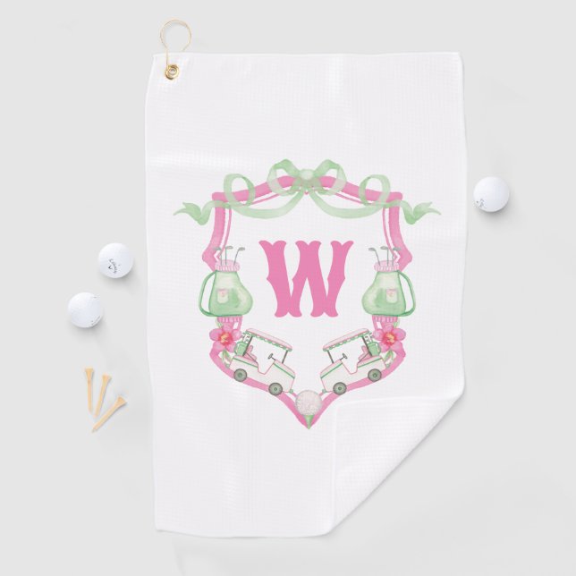 Serviette De Golf Aquarelle Pink & Green Golf Panier Monogram Crest (En situation)