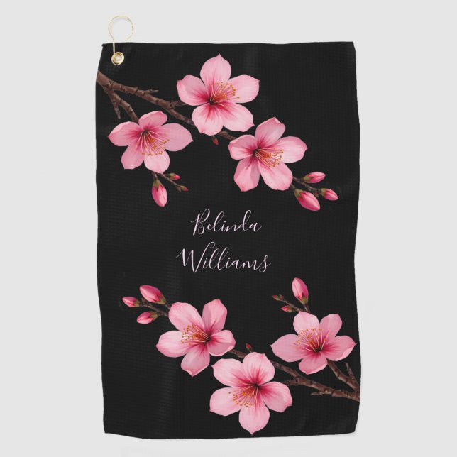Serviette De Golf Aquarelle rose cerisier noir Monogramme en fleurs (Devant)