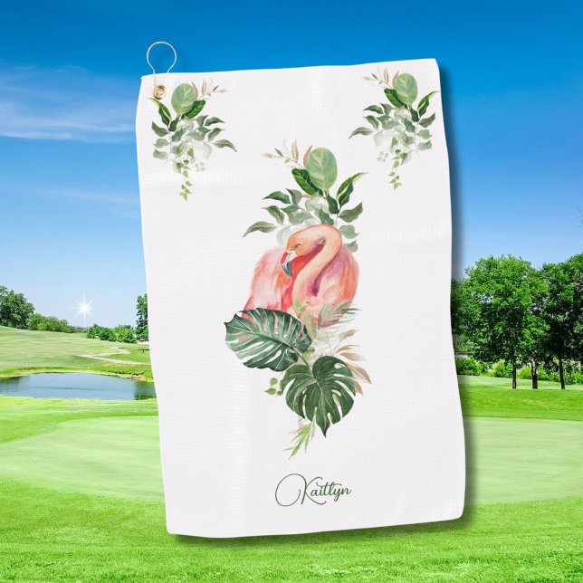 Serviette De Golf Aquarelle tropicale et nom du Flamant rose rose ex (Créateur téléchargé)