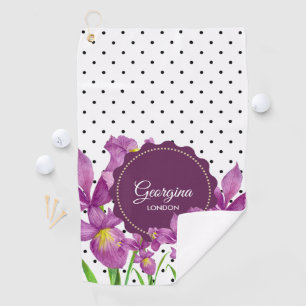 Serviette De Golf Aquarelle violet Iris noir blanc Pois