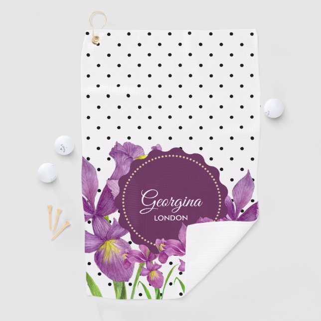 Serviette De Golf Aquarelle violet Iris noir blanc Pois (En situation)