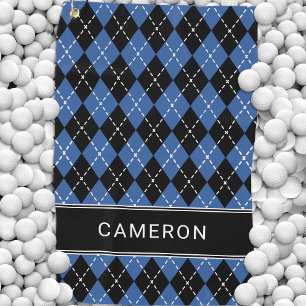 Serviette De Golf Argyle à carreaux personnalisé Nom Noir Bleu
