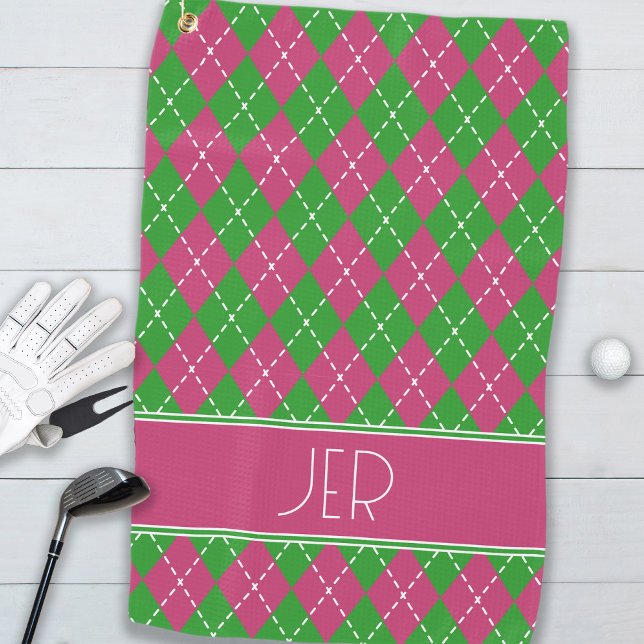 Serviette De Golf Argyle à carreaux rose vert monogramme personnalis (Argyle Plaid Pink Green Custom Monogram Initials Golf Towel)