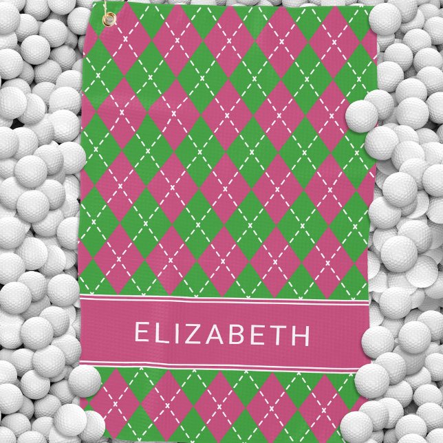Serviette De Golf Argyle à carreaux rose vert personnalisé Prépa élé (Argyle Plaid Pink Green Custom Name Preppy Golf Towel)