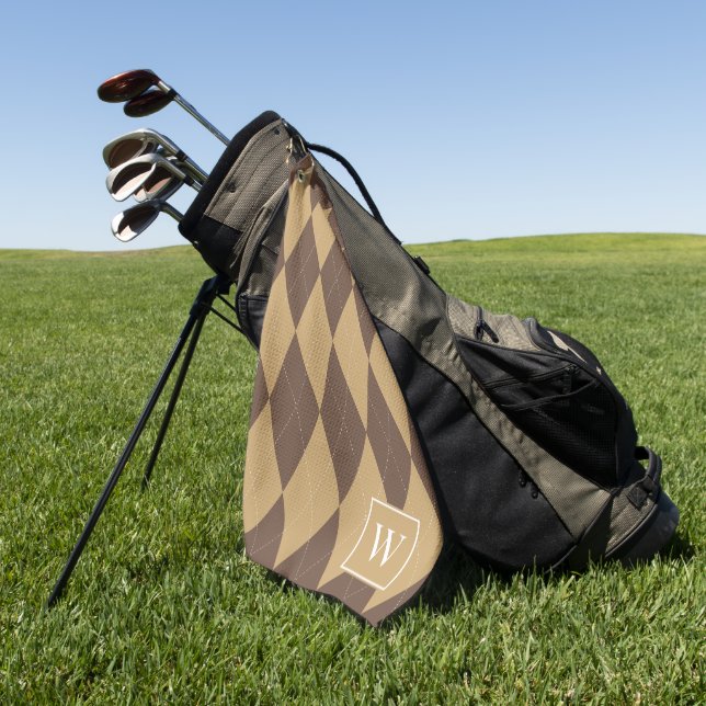 Serviette De Golf Argyle Personnalisé – Marron et Kaki Monogramme (Vert)