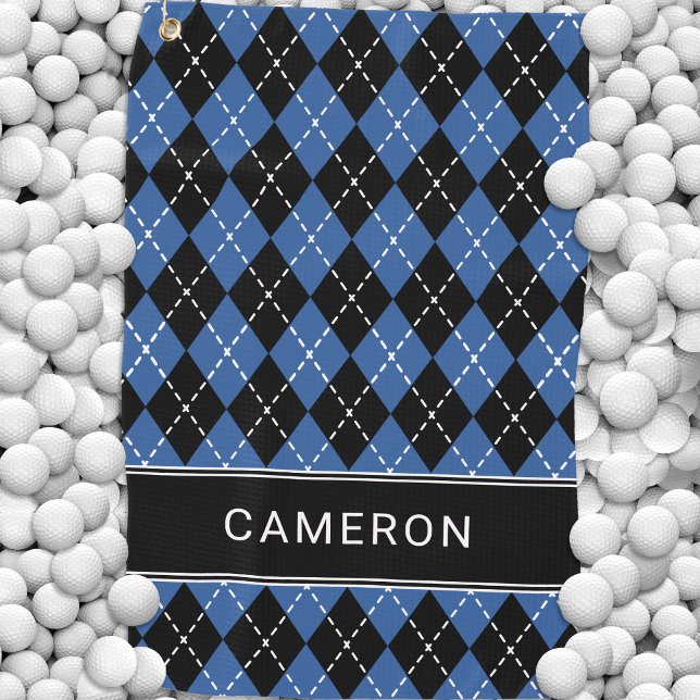 Serviette De Golf Argyle Plaid Custom Create Name Black Blue (Argyle Plaid Custom Create Name Black Blue Golf Towel)