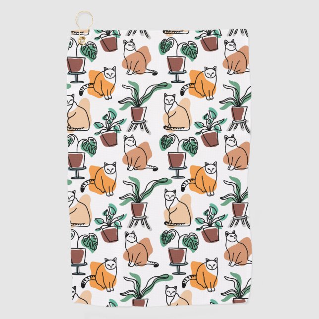 Serviette De Golf Art de trait dessin chats et fleurs (Devant)