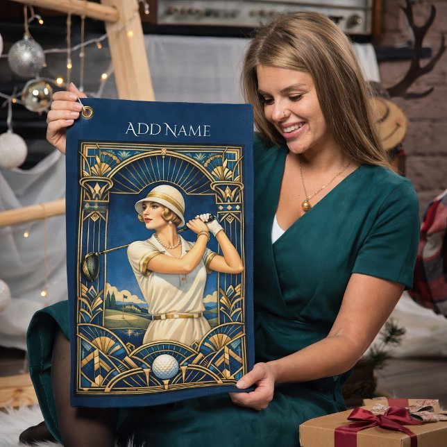Serviette de golf Art Déco personnalisée (Woman golfer with deco golf towel)