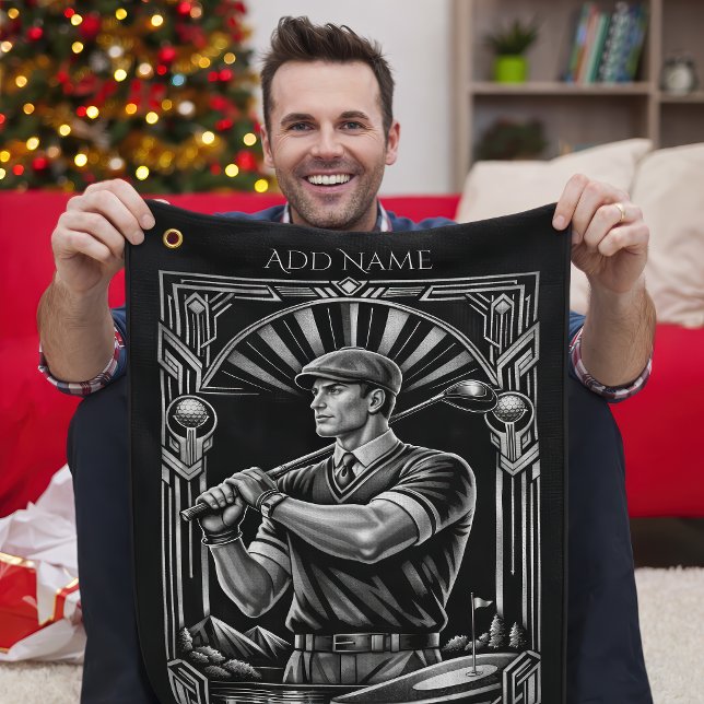 Serviette de golf Art Déco personnalisée (Male golfer with deco golf towel)