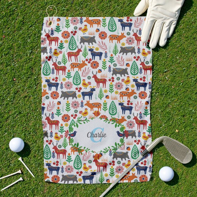 Serviette De Golf Art populaire scandinave Monogramme Motif Boho Mod (Créateur téléchargé)