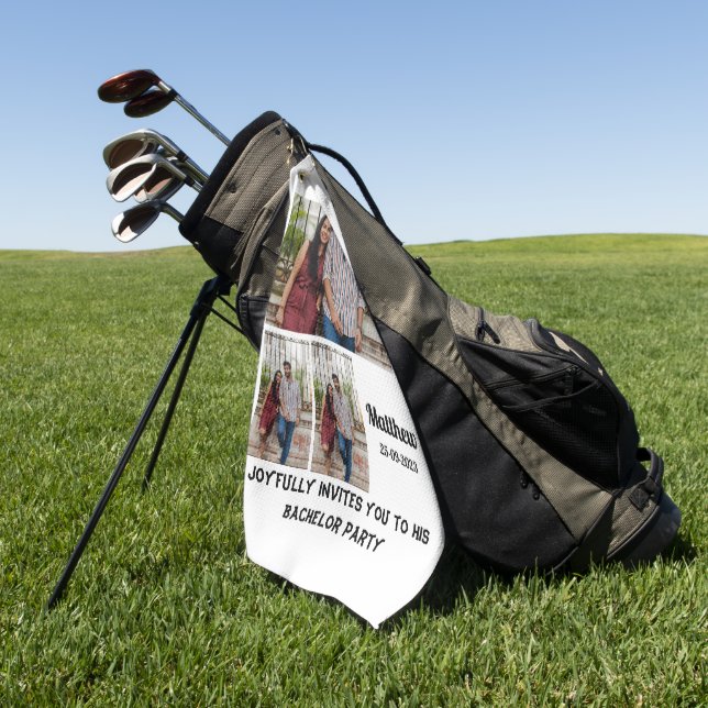 Serviette De Golf Bachelor Party personnalisé 3 Photo Collage (Vert)