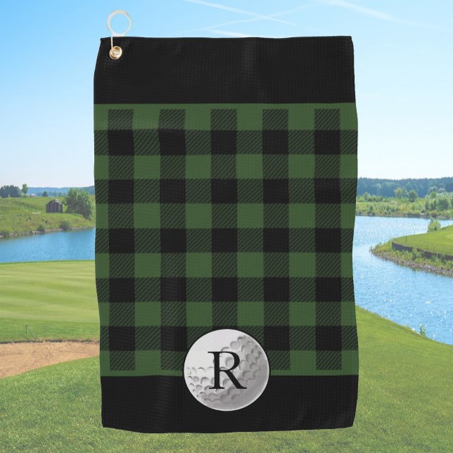 Serviette De Golf Balle de golf monogramme vert plaid buffalo person (Créateur téléchargé)