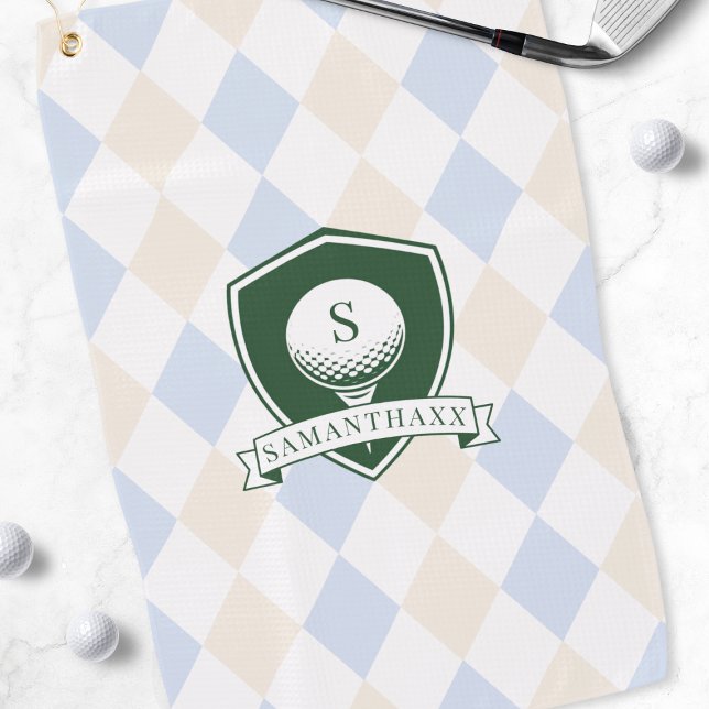 Serviette De Golf Balle de Golf Verte à Motif Bleu Moderne avec Mono (Modern Blue Pattern Green Golf Ball Name Monogram Towel)