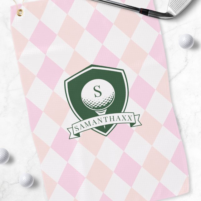 Serviette De Golf Balle de golf verte à motif rose moderne Monogramm (Modern Pink Pattern Green Golf Ball Name Monogram Towel)