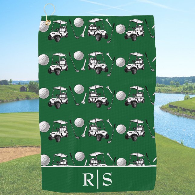 Serviette De Golf Balles de golf et chariot vert moderne avec monogr (Créateur téléchargé)