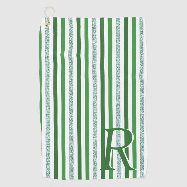 Serviette De Golf Bandes de Parties scintillant argent vert Monogram (Devant)