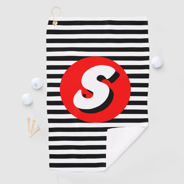 Serviette De Golf Bandes noires et blanches Monogramme S (En situation)