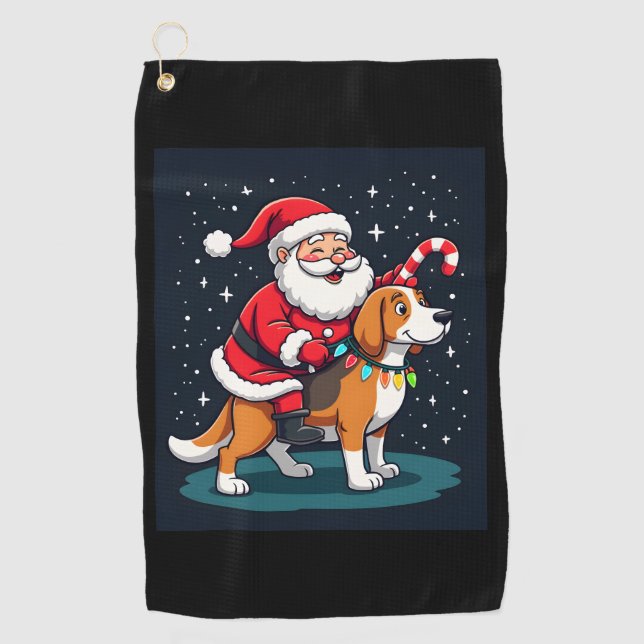 Serviette De Golf Beagle Xmas Éclairage Père Noël équitation Beagle  (Devant)