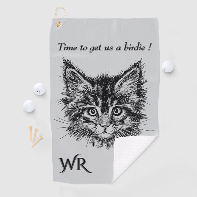 Serviette De Golf Bird Watching Kitten Face Funny w Monogram grey (En situation)