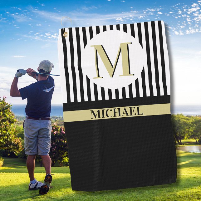 Serviette De Golf Black White Strips Nom du monogramme (Créateur téléchargé)