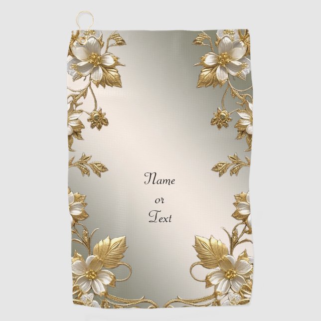 Serviette de golf blanche Floral Gold Ornate (Devant)