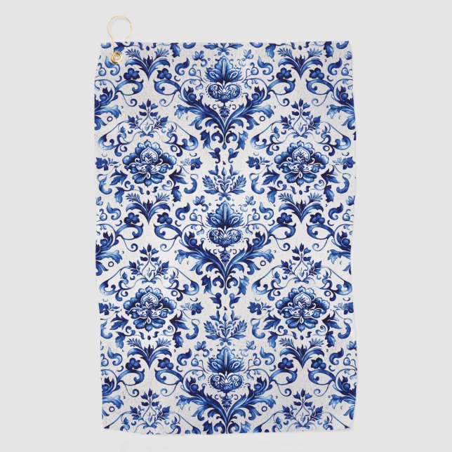 Serviette De Golf Bleu et blanc Delft style ornement floral motif (Devant)