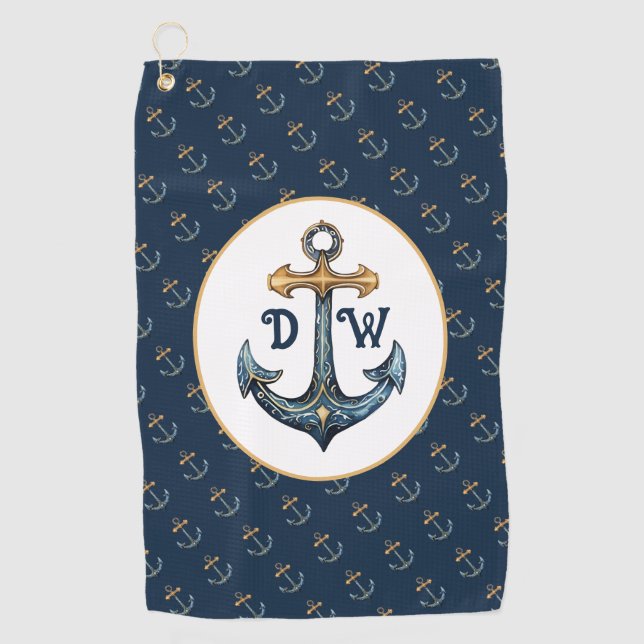 Serviette de golf bleu marine à ancres monogrammes (Devant)