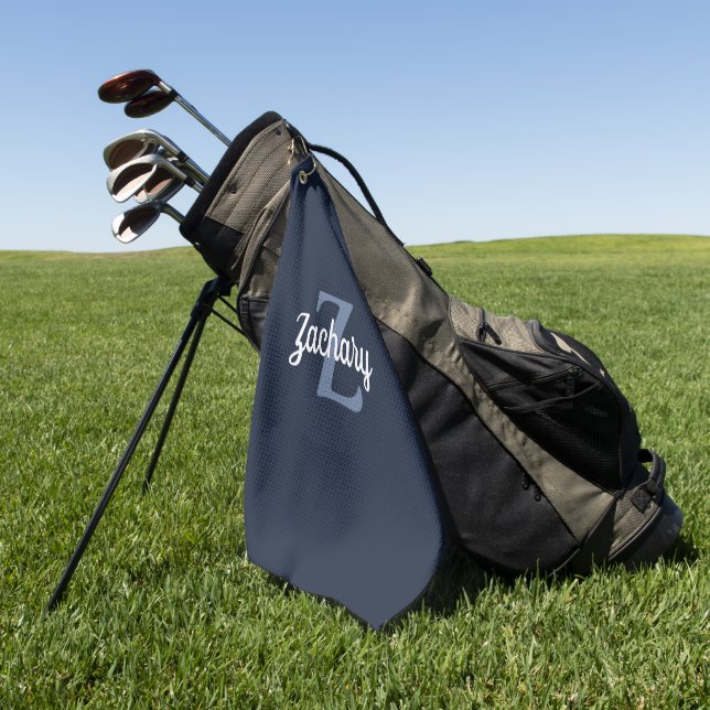 Serviette De Golf Bleu Nuit Blanc Monogramme Personnalisé (Vert)
