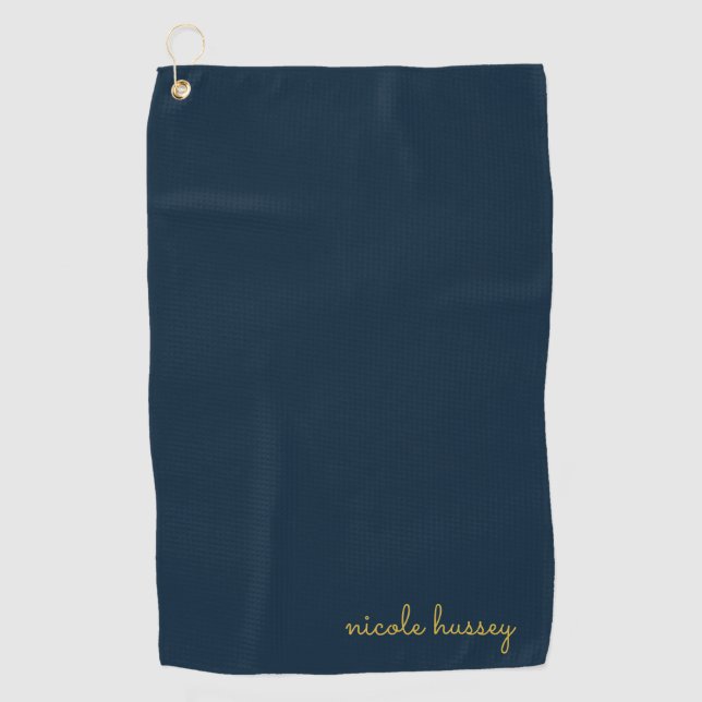Serviette De Golf Bleu Nuit Or Script  | Monogramme Moderne Élégant (Devant)