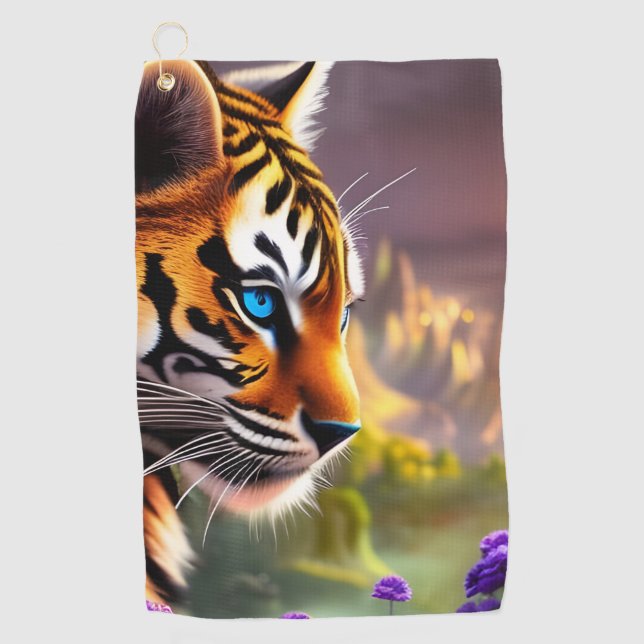 Serviette De Golf Bleu Tiger Cub et Fleurs pourpres (Devant)