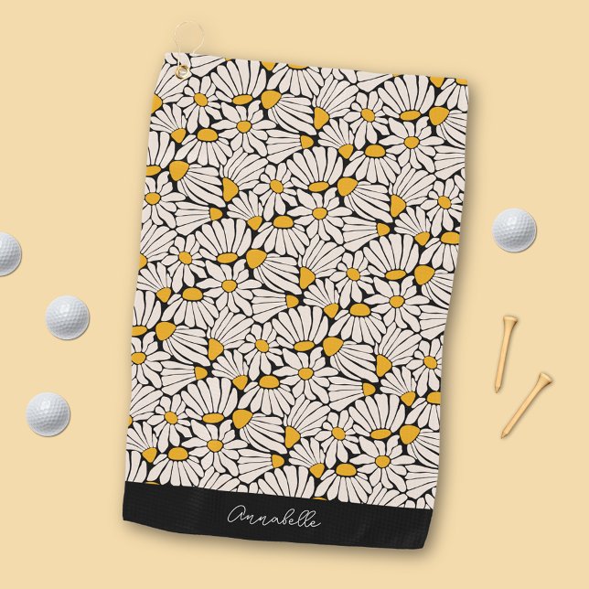 Serviette De Golf Bloc floral jaune noir Matisse Imprimer (Retro floral golf towel with personalized name.  Matching items available.)