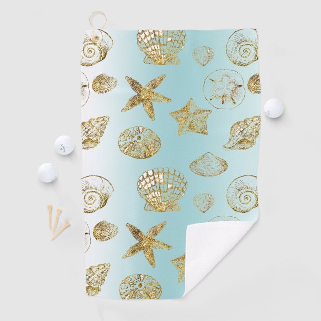 Serviette De Golf Blue Beach Gold Sea Shells (En situation)