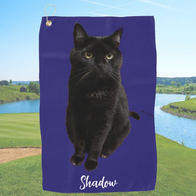 Serviette De Golf Blue Custom Black Cat Photo and Name Personalized (Créateur téléchargé)