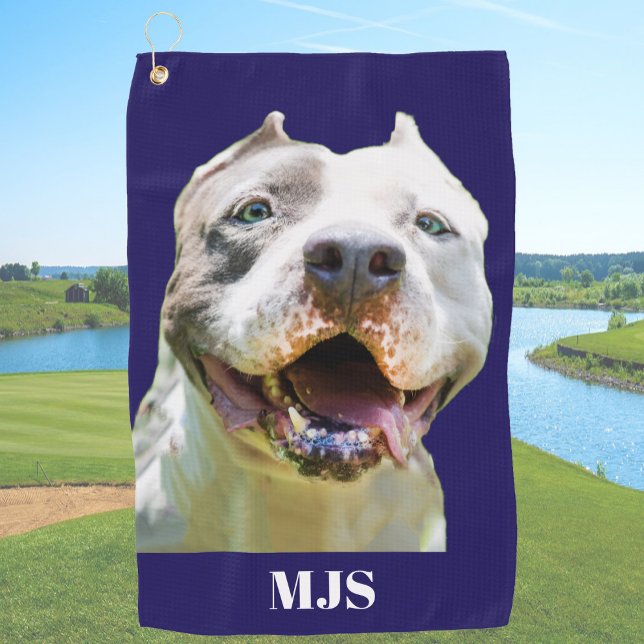 Serviette De Golf Blue Custom Monogram Dog Photo Personalized (Créateur téléchargé)