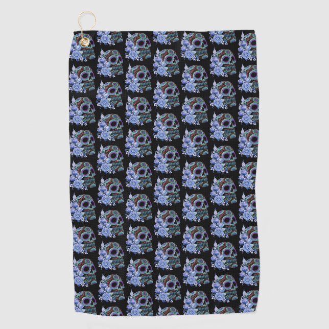 Serviette De Golf Blue Floral Black Sugar Skull Jour des morts (Devant)
