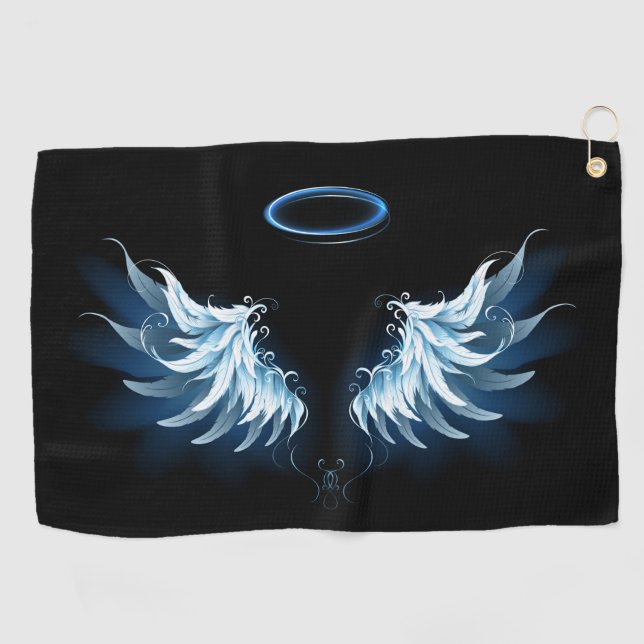 Serviette De Golf Blue Glowing Angel Wings on black background (Horizontal)